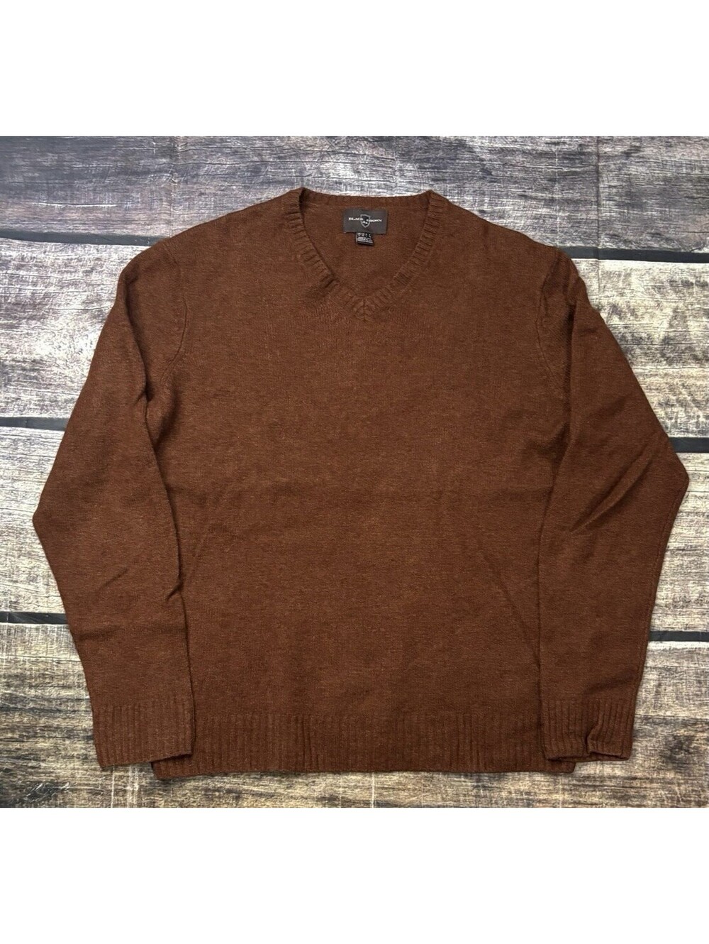 Black Brown 1826 Sweater Mens Large Lambswool V-Neck Pullover Brown